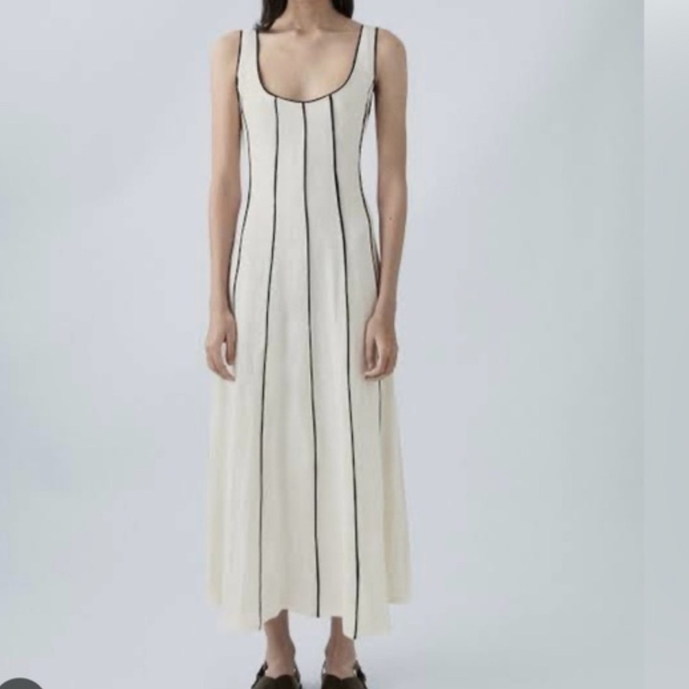 Massimo Dutti Cream Linen Midi Dress with Black Piping